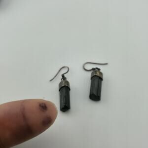 Vintage Sterling Silver Black Tourmaline Drop Earrings Raw Crystal Dangle